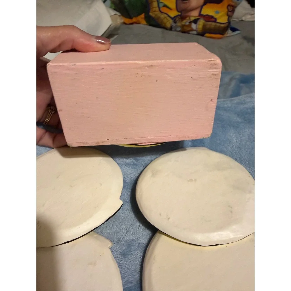 Vintage Celestial Moon Face Coaster Set with Pink Wooden Holder Hand Painted 5pc